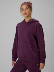 4F Bluza dresowa relaxed z kapturem damska - fioletowa M. Fioletowe swetry damskie 4f, l, bez wzorów, z bawełny, klasyczne, bez kołnierzyka, bez ramiączek, z kapturem. Za 149.99 zł.
