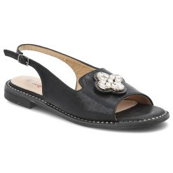Sandały damskie S. Barski, ze skóry ekologicznej na płaskim obcasie z ozdobą, czarne, KV51-080. Czarne sandały damskie S.BARSKI, z aplikacjami, ze skóry ekologicznej, bez obcasa, na obcasie, bez zapięcia. Za 109.00 zł.