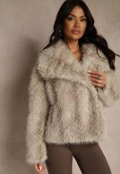 Beżowa Kurtka Futerko Ozdobione Cieniowanym Motywem Monideva. Brązowe kurtki damskie Renee, na wiosnę, l, bez wzorów, z futra, bez kaptura. Za 219.99 zł.