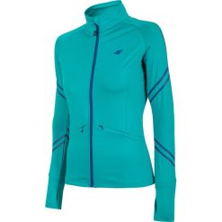 Bluza treningowa damska BLDF203 - turkus. Bluzy damskie 4f, bez wzorów, z dzianiny, bez kaptura. W wyprzedaży za 79.99 zł.