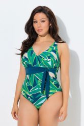 Damskie Strój kąpielowy liście miękkie miseczki ozdobna kokardka dekolt serce. Niebieskie kostiumy jednoczęściowe damskie Ulla Popken, plus size, bez wzorów, z elastanu, plus size, do pływania. Za 191.99 zł.