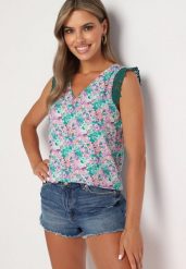 Zielony Wiskozowy Top Bez Rękawów w Drobne Kwiaty Irisina. Zielone koszule damskie Born2be, s, bez wzorów, z wiskozy, bez kołnierzyka, bez ramiączek. Za 19.99 zł.