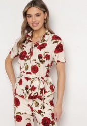 Beżowo-Bordowa Koszula w Kwiaty z Wiązaniem w Talii Bromelia. Brązowe bluzki damskie Born2be, l, bez wzorów, bez kołnierzyka, bez ramiączek. Za 109.99 zł.