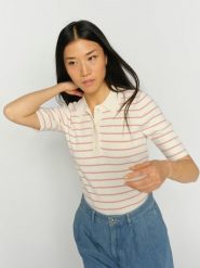 MOS MOSH Damska koszula z dzianiny z jedwabiem Kobiety Sztuczne włókno beżowy w paski, S. Brązowe koszule damskie Mos Mosh, s, bez wzorów, z dzianiny, bez kołnierzyka, bez ramiączek. Za 399.95 zł.