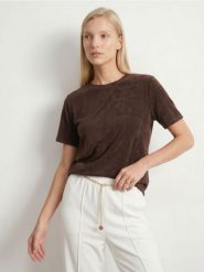 Welurowa koszulka z krótkim rękawem - brązowy. Brązowe t-shirty damskie Sinsay, l, bez wzorów, z weluru, bez kołnierzyka. Za 29.99 zł.