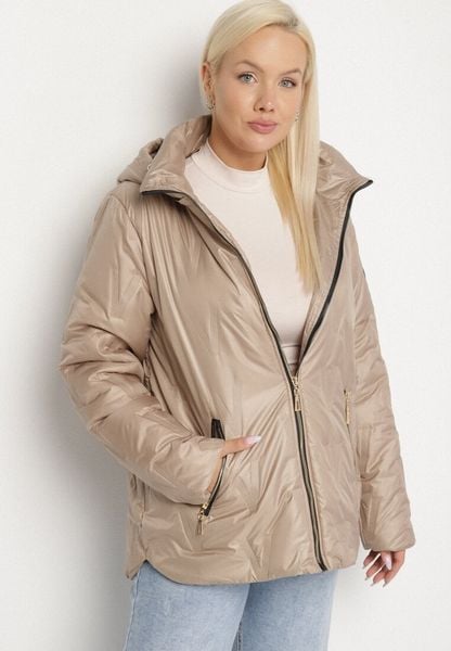Beżowa Pikowana Kurtka o Prostym Kroju z Kapturem ze Ściągaczami Falesaa. Brązowe kurtki damskie Born2be, l, bez wzorów, z jeansu, z kapturem. Za 129.99 zł.