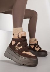 Beżowo-Brązowe Botki Sneakersy Vices na Platformie w Stylu Y2K Gelira. Brązowe botki damskie Renee, z jeansu, bez obcasa, na platformie, bez zapięcia. Za 109.99 zł.