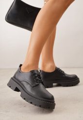 Czarne Eleganckie Półbuty Oksfordki VICES ze Sznurowaniem i Platformą Anatala. Czarne półbuty damskie Renee, bez wzorów, z jeansu, eleganckie, bez obcasa, na platformie, bez zapięcia. Za 89.99 zł.
