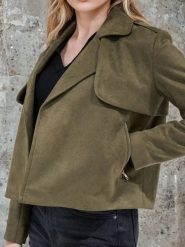 Kurtka z imitacji zamszu - khaki. Brązowe kurtki damskie Sinsay, l, bez wzorów, bez kaptura. W wyprzedaży za 35.99 zł.