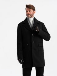 Jednorzędowy wzorzysty płaszcz męski z kieszeniami – czarny V2 OM-COWC-0108 - XL. Czarne płaszcze męskie Ombre Clothing, l, bez wzorów, z materiału, klasyczne, bez kaptura. Za 317.99 zł.