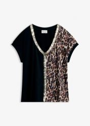 Koszulka z cekinami. Czarne bluzki damskie bonprix, bez wzorów, eleganckie, bez kołnierzyka, bez ramiączek. Za 124.99 zł.