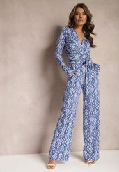 Granatowo-Biały Kopertowy Kombinezon z Paskiem w Talii i Ozdobnym Wzorem Mirannda. Niebieskie sukienki damskie Renee, l, bez wzorów, z materiału, eleganckie, bez kołnierzyka, bez ramiączek, kopertowe. Za 69.99 zł.