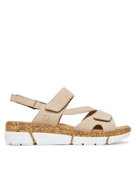 Rieker Sandały V2366-60 Beżowy. Brązowe sandały damskie Rieker, bez wzorów, z materiału, bez obcasa, na płaskiej podeszwie, bez zapięcia. Za 189.99 zł.