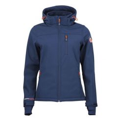 Kurtka damska softshell z kapturem Peak Mountain Aclaude. Niebieskie kurtki damskie Peak Mountain, bez wzorów, z softshellu, z kapturem, trekkingowe. W wyprzedaży za 314.50 zł.