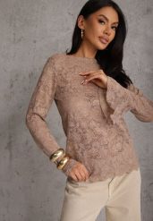 Brązowa Bluzka z Koronki Ozdobiona Rozkloszowanymi Rękawami i Falbanką na Dole Sanovia. Brązowe t-shirty i topy dla dziewczynek Renee, bez wzorów, z jeansu, bez ramiączek. Za 89.99 zł.