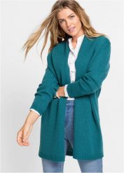 Długi sweter bez zapięcia. Niebieskie swetry damskie bonprix, bez wzorów, bez kołnierzyka, bez ramiączek, długie, bez kaptura. Za 122.99 zł.