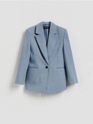 Jednorzędowa marynarka - niebieski. Niebieskie żakiety damskie Reserved, l, bez wzorów, z tkaniny. Za 229.99 zł.