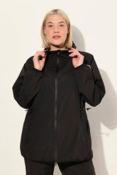 Damskie Kurtka przeciwdeszczowa woreczek podróżny wodoodporny. Czarne kurtki damskie Ulla Popken, plus size, bez wzorów, z materiału, z kapturem. Za 349.99 zł.