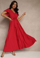 Bordowa Koktajlowa Maxi Sukienka Ozdobiona Plisami z Trójkątnym Dekoltem i Wiązaniem w Talii Phoelia. Czerwone sukienki damskie Renee, na imprezę, l, bez wzorów, eleganckie, bez kołnierzyka, bez ramiączek, maxi. Za 79.99 zł.