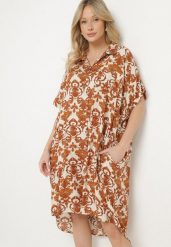 Brązowa Pudełkowa Sukienka Koszulowa z Wiskozy w Ornamentalny Print Vanisse. Brązowe sukienki damskie Born2be, na co dzień, na lato, l, bez wzorów, z wiskozy, bez kołnierzyka, bez ramiączek, mini, koszulowe. Za 74.99 zł.