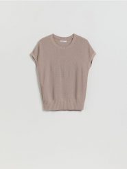 Bluzka z wiskozą - beżowy. Brązowe bluzki damskie Reserved, l, bez wzorów, z dzianiny, bez kołnierzyka, bez ramiączek. Za 79.99 zł.