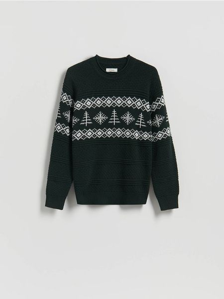 Strukturalny sweter z bawełną - ciemnozielony. Zielone swetry przez głowę męskie Reserved, l, bez wzorów, z bawełny, bez kołnierzyka. Za 149.99 zł.