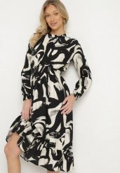 Czarna Rozkloszowana Sukienka z Bawełną w Abstrakcyjny Wzór Silsedi. Czarne sukienki damskie Born2be, na co dzień, m, bez wzorów, z bawełny, eleganckie, bez kołnierzyka, bez ramiączek, midi, rozkloszowane. Za 89.99 zł.