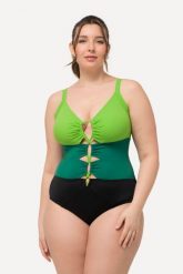 Damski Kostium kąpielowy szerokie kolorowe pasy miękkie miseczki wycięcia. Czarne kostiumy jednoczęściowe damskie Ulla Popken, plus size, bez wzorów, z elastanu, plus size, do pływania. Za 191.99 zł.