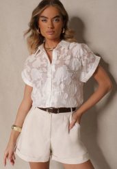 Biała Koszula z Krótkim Rękawem Zdobiona Kwiatowym Wzorem Frorela. Białe bluzki damskie Renee, m, z aplikacjami, eleganckie, bez kołnierzyka, bez ramiączek. Za 69.99 zł.