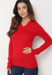 Czerwony Klasyczny Sweter z Trójkątnym Dekoltem Anillia. Czerwone swetry damskie Born2be, m, bez wzorów, z jeansu, eleganckie, bez kołnierzyka, bez ramiączek, długie, bez kaptura. Za 74.99 zł.