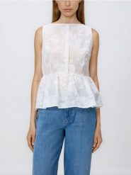 Bluzka z baskinką - złamana biel. Bluzki damskie Reserved, l, bez wzorów, z bawełny, bez kołnierzyka, bez ramiączek. Za 119.99 zł.