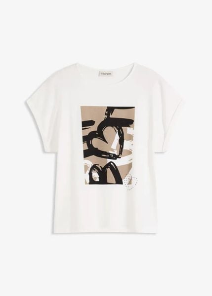 T-shirt z wiskozą i kryształkami. Białe t-shirty damskie bonprix, bez wzorów, z wiskozy, eleganckie, bez kołnierzyka. Za 34.99 zł.