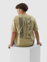 4F T-shirt oversize z nadrukiem męski - khaki L. Brązowe koszulki sportowe męskie 4f, l, bez wzorów, z bawełny, klasyczne, bez kołnierzyka. W wyprzedaży za 39.99 zł.