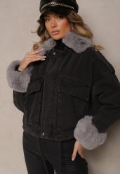 Ciemnoszara Jeansowa Kurtka z Futrem o Pudełkowym Kroju Folamia. Szare kurtki damskie Renee, xl, bez wzorów, z jeansu, bez kaptura. Za 119.99 zł.