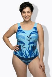 Damskie Strój kąpielowy tukan bez miękkich miseczek dekolt w serek. Niebieskie kostiumy jednoczęściowe damskie Ulla Popken, plus size, bez wzorów, z elastanu, sportowe, plus size, do pływania. Za 159.99 zł.
