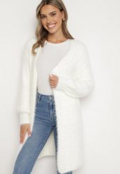 Biały Niezapinany Kardigan z Wełną i Wsuwanymi Kieszeniami Riabelle. Białe kardigany damskie Born2be, bez wzorów, z jeansu, eleganckie, długie. Za 99.99 zł.