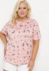 Różowy T-shirt Koszulka z Krótkim Rękawem w Kwiaty Nleessa. Czerwone bluzki damskie Born2be, plus size, bez wzorów, z jeansu, eleganckie, bez kołnierzyka. Za 29.99 zł.