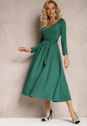 Zielona Sukienka Midi o Rozszerzanym Kroju z Paskiem w Talii i Dekoltem w Serek Vividia. Zielone sukienki damskie Renee, na co dzień, m, bez wzorów, eleganckie, bez kołnierzyka, bez ramiączek, midi, rozkloszowane. Za 159.99 zł.