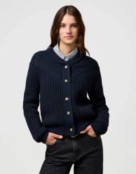 DAMSKI SWETER WRANGLER WESTERN CARDIGAN DARK NAVY 112370796. Niebieskie kardigany damskie Wrangler, xs, bez wzorów, bez kołnierzyka, bez ramiączek, bez kaptura. Za 199.99 zł.