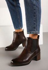 Brązowe Botki Sztyblety na Obcasie z Elastyczną Wstawką Sanilwen. Brązowe botki damskie Born2be, biznesowe, bez obcasa, na obcasie, bez zapięcia. Za 119.99 zł.