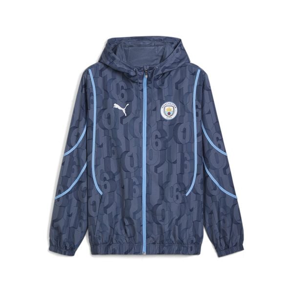 Kurtka Prematch Manchester City 2024/25. Niebieskie kurtki męskie Puma, na jesień, m, bez wzorów, z materiału, klasyczne, bez kaptura. Za 291.75 zł.