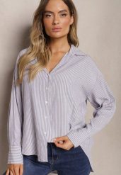 Granatowa Koszula z Lnu i Wiskozy Ozdobiona Wzorem w Paski Iveleira. Niebieskie bluzki damskie Renee, l, bez wzorów, z jeansu, biznesowe, bez kołnierzyka, bez ramiączek. Za 74.99 zł.