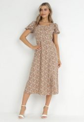 Beżowo-Zielona Sukienka Midi z Gumką w Pasie i Rozcięciem Kaylanii. Brązowe sukienki damskie Born2be, na lato, l, bez wzorów, z bawełny, bez kołnierzyka, bez ramiączek, midi, rozkloszowane. Za 89.99 zł.