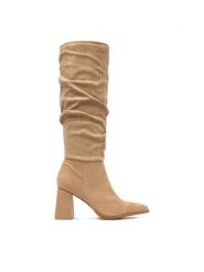 DeeZee Kozaki W4LD192502 Beżowy. Brązowe kozaki damskie DeeZee, z materiału, bez obcasa, na słupku. Za 249.99 zł.