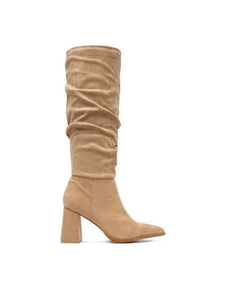 DeeZee Kozaki W4LD192502 Beżowy. Brązowe kozaki damskie DeeZee, z materiału, bez obcasa, na słupku. Za 249.99 zł.