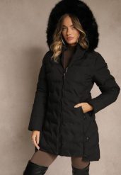 Czarna Pikowana Kurtka Puchowa z Kapturem z Futrem i Bocznymi Napami Zeniara. Czarne kurtki damskie Renee, l, bez wzorów, z jeansu, z kapturem. Za 209.99 zł.