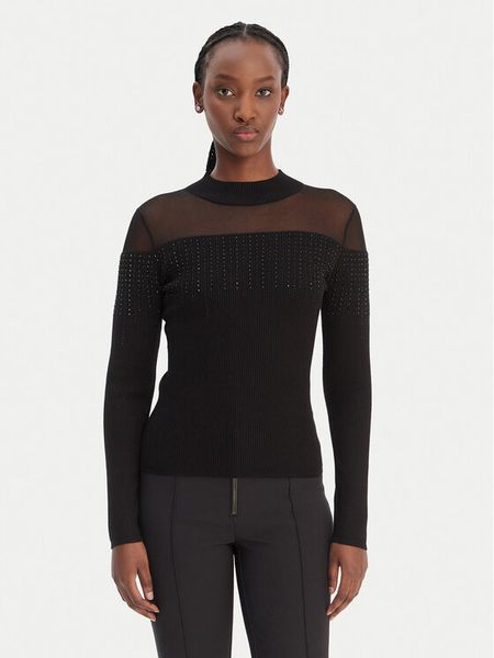 Guess Sweter W6RR70 Z2YK2 Czarny Regular Fit. Czarne swetry damskie Guess, s, z aplikacjami, z wiskozy, bez kołnierzyka, bez ramiączek, bez kaptura. Za 439.99 zł.