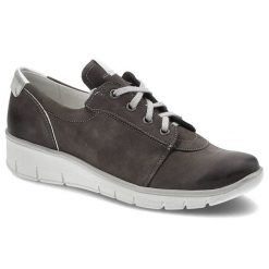 Półbuty damskie Pollonus, na niskim koturnie i ze skóry naturalnej, szare Samuel, 5-0902-024. Szare półbuty damskie Pollonus, bez wzorów, z nubiku, eleganckie, bez obcasa, na koturnie, bez zapięcia. Za 159.00 zł.