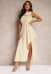 Beżowa Sukienka Koktajlowa o Asymetrycznym Kroju na Jedno Ramię Ozdobiona Kokardą Vimorissa. Brązowe sukienki damskie Renee, na co dzień, m, bez wzorów, eleganckie, z asymetrycznym kołnierzem, bez ramiączek, maxi, asymetryczne. Za 74.99 zł.