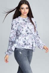 Wzorzysta Bluzka z Podwójną Falbanką - Wzór 70. Brązowe bluzki damskie Figl, l, bez wzorów, z elastanu, bez kołnierzyka, bez ramiączek. Za 189.00 zł.